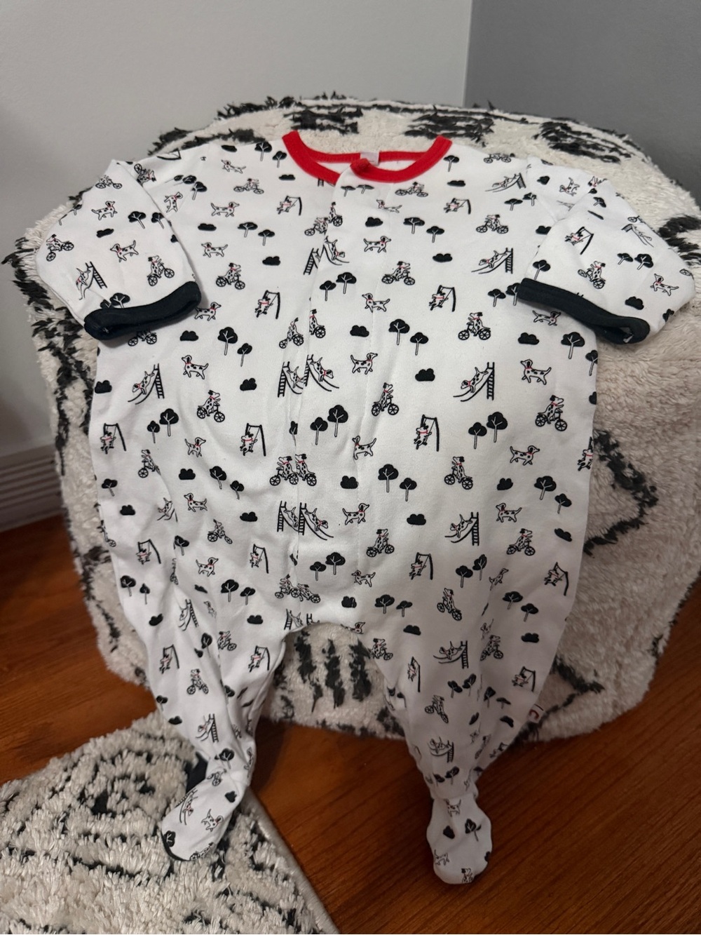 E=MC2 Magnetic Dog Park Print Red White Black Footie Sleeper 3–6 Months unisex